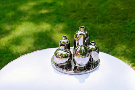 Luxury empty vases like decoration for event or wedding on the tableの写真素材