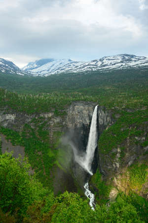Norwegian waterfall Vettisfossen in Jotunheimen National Park and Utladalen Landscape. Nature and travel background. Power of natureの写真素材