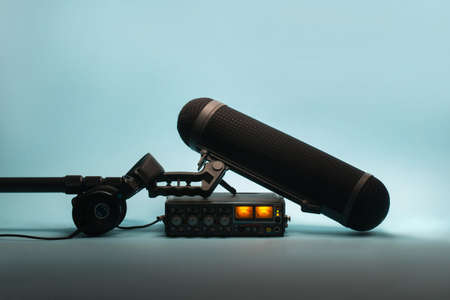 equipment for field audio recording on blue backgroundの写真素材
