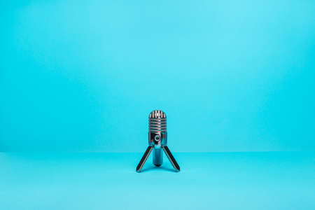 Equipment for audio recording on blue background. Microphone.の写真素材