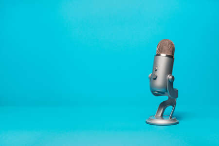 equipment for audio recording on blue background. Microphone.の写真素材