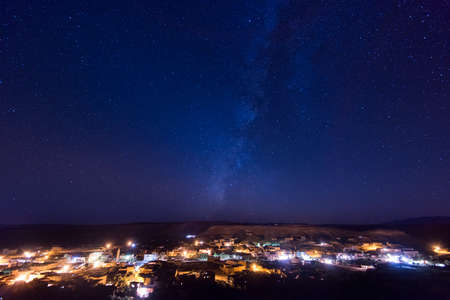 Night view from Ait Ben Haddou, Atlas mountains, Africa. Starry night sky.の写真素材