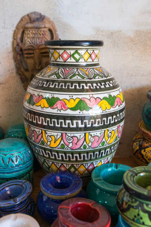 Traditional arabic handcrafted, colorful decorated ceramic for sale at the market in Marrakesh, Morocco, Africaの写真素材
