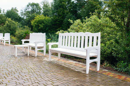 Lounge area for guests outside. Wedding decor. White bench in the parkの写真素材