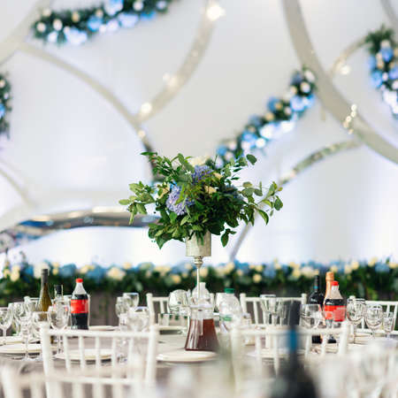 Banquet table is decorated with compositions of hydrangea flowers and greeneryの写真素材