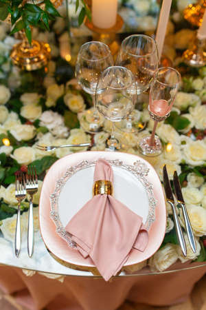 Elegant wedding table arrangement, floral decoration, restaurant. Wedding table setupの写真素材