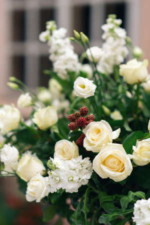 Beautiful flower decorations for the wedding ceremony. White rosesの写真素材