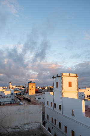 Moroccan fort city in Essaouira. Essaouira ancient building walls and fortress in Medina at sunset timeのeditorial素材
