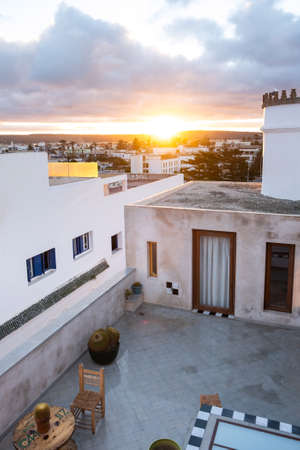 Moroccan fort city in Essaouira. Essaouira ancient building walls and fortress in Medina at sunset timeの写真素材