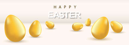 Gold easter eggs with realistic golden shine on white background. Inscription Happy easter. Vector illustration greeting card, ad, promotion, poster, flyer, web-banner, articleのイラスト素材