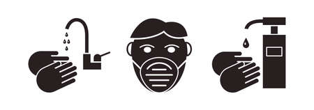 Virus Prevention Icons. Wash hands with soap and antiseptic. Wear a protective medical mask.のイラスト素材