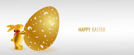 Holiday banner Happy easter. Easter golden bunny with a red bow on neck rolls a golden egg on a white background. Festive Horizontal poster. Design with realistic festive objects, 3d. Vectorのイラスト素材