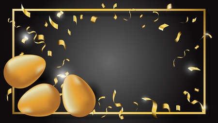 Easter gold egg with confetti golden color and dark background. Text Happy Easter type greeting card with egg. Religious holiday. Vector illustration for poster, flyer.のイラスト素材