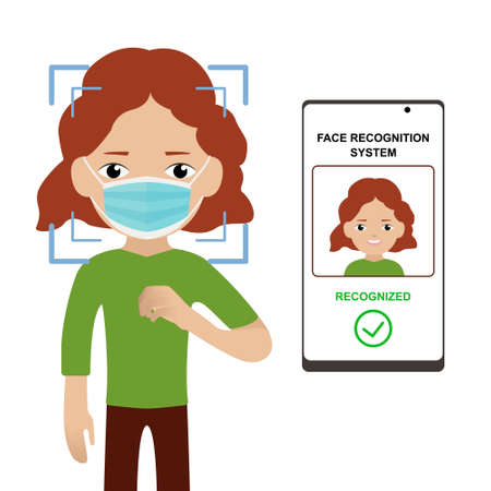 Scanning a persons face in a medical mask. Face recognition system for woman with red hair. Identification through a mobile application. Biometric Detectionのイラスト素材