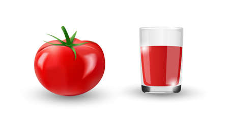 Realistic red tomato with green leaves. A glass of natural freshly squeezed tomato juice. Isolated drawing on a white background. For promotional products. Vector. EPSのイラスト素材