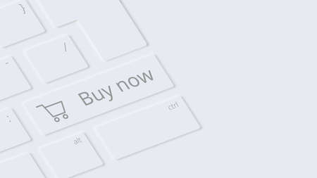 White keyboard close-up in Neomorphism style. 3D realism. Button buy now with a shopping trolley....