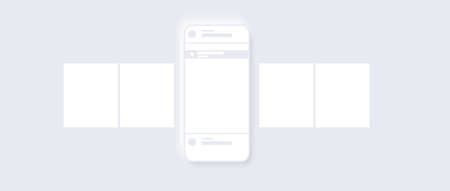 Smartphone mockup on white background neomorphism style. Carousel interface post on social network. Minimal design. Stories frame. Social media mobile app page template. Vectorのイラスト素材