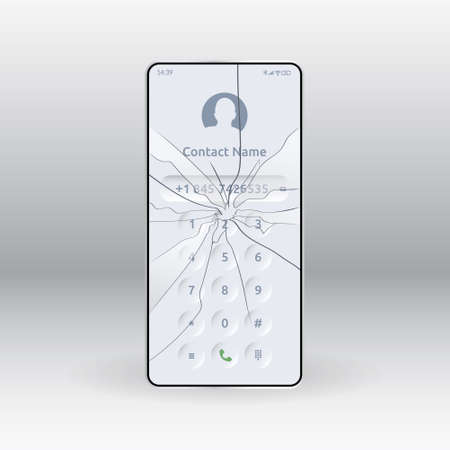 Smartphone with a broken screen, cracks and fragments on the glass of the phone. The touch screen needs to be replaced. Template for advertising, mobile applications, websites. Vector. 3dのイラスト素材