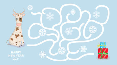 Help the bull find his way to New Year gifts. Maze puzzle game for children and adults. Christmas card with the symbol of the new year 2021. Vectorのイラスト素材