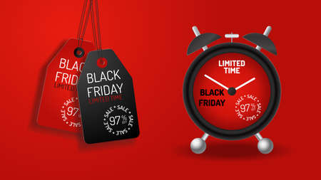 Paper tags and labels on the day of sale. Red background template for black friday. Alarm clock warns of big discount. Realistic 3d vectorのイラスト素材