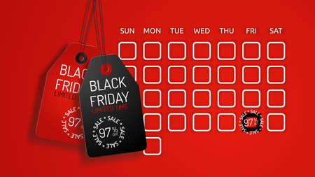 Black Friday on the calendar is highlighted in black. Labels with big discounts on the day of sale....