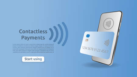 Concept of contactless payments via mobile phone, payment plastic card. Realistic smartphone with NFC technology for remote payments. Vector 3dのイラスト素材