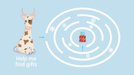 Help the bull find his way to New Years gifts. Maze puzzle game for children and adults. Christmas card with the symbol ox for the new year 2021. Vectorのイラスト素材