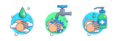 Hand treatment with antiseptic. Washing hands with tap water with liquid soap. Virus Prevention....