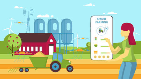Farmer girl controls a tractor and a drone remotely through an application on a smartphone. Smart farming, futuristic technologies in farm industry. Agricultural automation. Cartoon vectorのイラスト素材