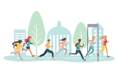 Men and women jogging a marathon distance on a city road. Sports competitions for people of different nationalities. Run. Running championship. Cartoon vector illustration isolated on white backgroundのイラスト素材