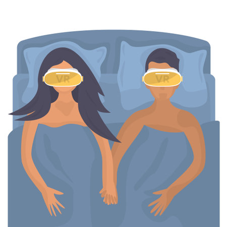 Man and woman lie in bed wearing virtual reality glasses. The couple makes love using modern technology. Immersion in virtual life. Vr. Cartoon style. Isolated on white background. Vectorのイラスト素材