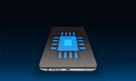 Realistic mobile phone with a chip on the screen. Glowing processor. Graphic technologies. CPU. GPU....