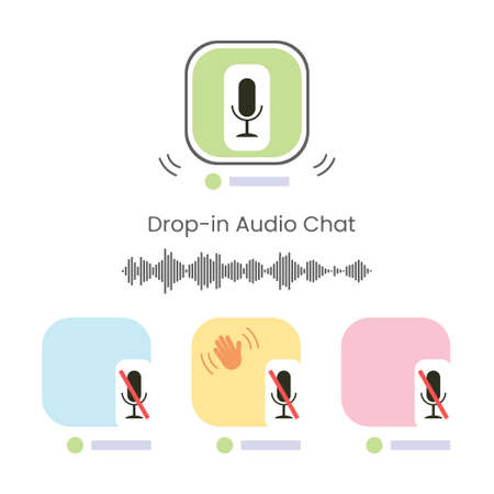 Concept of a popular mobile application for communicating people via audio chat in smartphones. Icons with microphones and hand. Sound wave, equalizer. Layout, template for interfaces. App. Vectorのイラスト素材