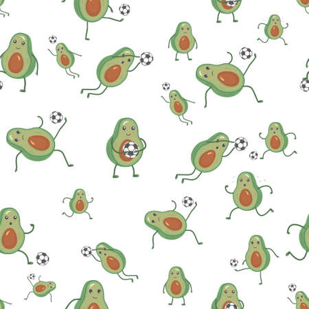Seamless pattern with avocado on a white background. Green fruits play football with a ball, hit,...