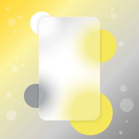 Frosted transparent glass effect template. Vertical rounded rectangle. Abstract yellow and gray background. Circles are white and grey. Glassmorphism style. Vectorのイラスト素材