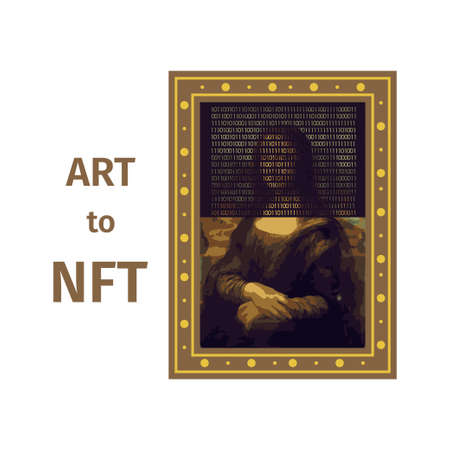 Concept of converting a work of art into a unique token. ART to NFT, non-fungible token. Mona Lisa painting is converted into a digital file. Technology. Vectorのイラスト素材