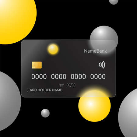 Transparent plastic card template in glassmorphism style. Glass payment card. Yellow and gray volumetric balls on a black background. Mockup. Blank. Realistic 3d vectorのイラスト素材