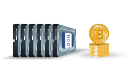 Hard disk with coins of cryptocurrency bitcoin on a white background. Mining on HDD, ssd. The concept of mining currency Burst. Blockchain. Realistic 3d vectorのイラスト素材