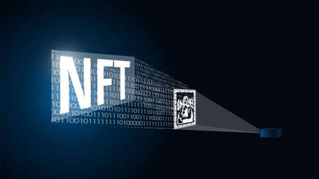 Concept of converting a work of art into a unique token. ART to NFT, non-fungible token. Painting is converted into a digital file. Innovation technology. Vector 3dのイラスト素材