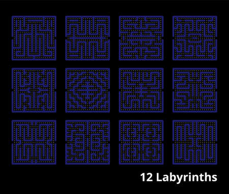 Set of 12 mazes for video games. Vintage 2D retro labyrinths with coins for a man. Vectorのイラスト素材