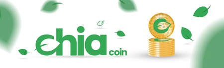 Banner with gold coins of cryptocurrency chia on a white background. Chia leaves fly and fall. Concept of mining currency. Realistic 3d vectorのイラスト素材