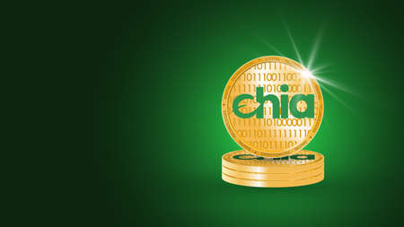 Banner with gold coins of cryptocurrency chia on a green background. Concept of mining currency. Finance. Realistic 3d vectorのイラスト素材