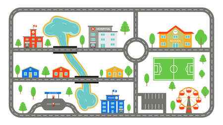 Map with roads in the city. Children road for toy cars with buildings on a white background. Urban architecture. Horizontal. Vector flat styleのイラスト素材