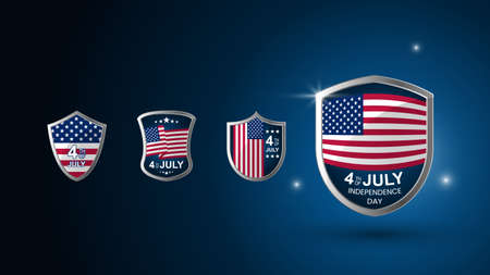 Collection of badges for the independence day USA. 4th of July. Realistic 3d badge on a dark blue background. Set. Vectorのイラスト素材