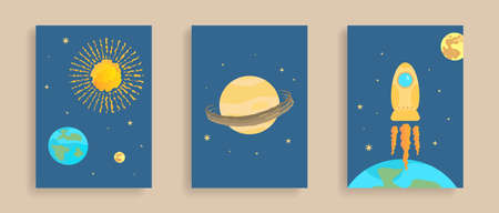 Space posters set. Sun, earth, moon with stars. Planet with rings saturn. Rocket flying into cosmos. Flat styleのイラスト素材