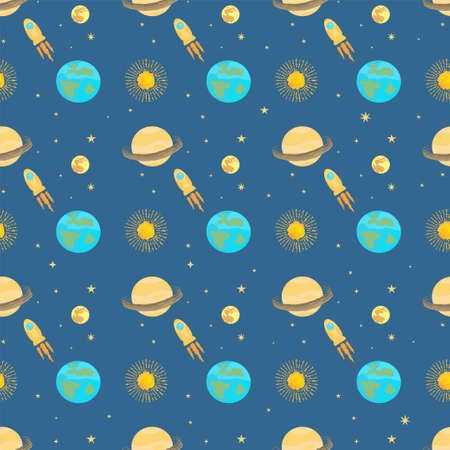 Cosmic seamless pattern on a dark background with planets, sun, moon, earth. Rocket flies between...