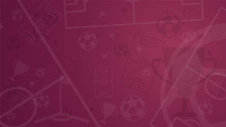Dark scarlet background with of football elements. Soccer ball, cup, goal, corner flag on back background. Poster for championship. Template 2022. Vectorのイラスト素材