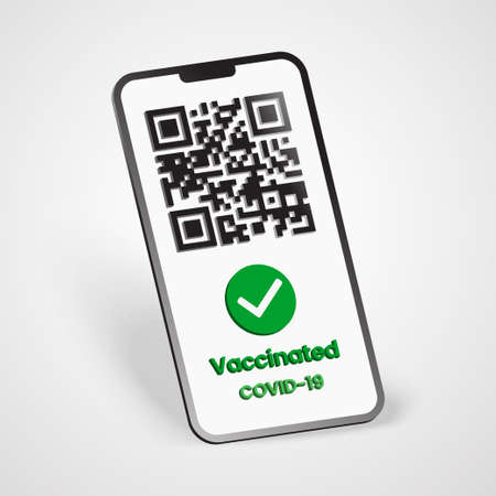 Vaccination certificate covid 19. Qr-code on mobile phone. Smartphone rests on the wall. Template, mockup. Realistic 3d vectorのイラスト素材