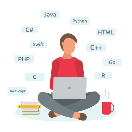 Man programmer is studying programming languages on online courses at home. The men works at the laptop. Notebook. Student. Remote work. Flat style. Vectorのイラスト素材