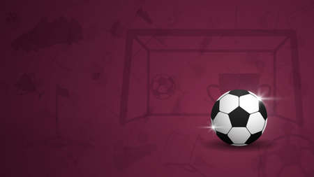 Background with soccer ball for championship. Cup, goal, football boots, corner flag on a dark scarlet background. Template 2022. Vectorのイラスト素材